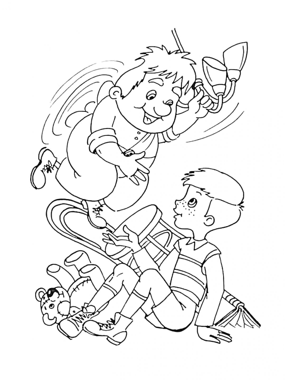 Раскраска Карлсон с пропеллером и мальчик среди игрушек, книг и мебели