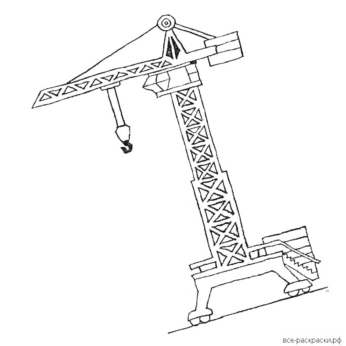 Раскраска башенный кран с балкой, крюком и платформой