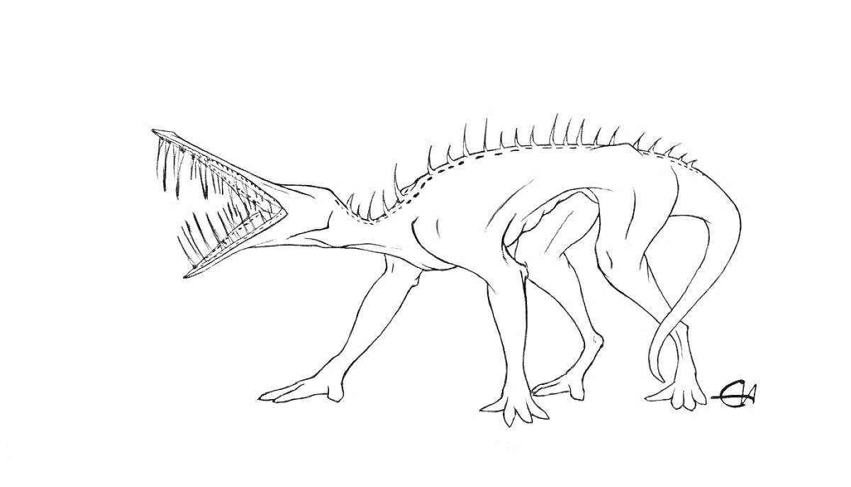 На раскраске изображено: Эйсипи, Монстр, Пасть, Острые зубы, Существо, Четыре лапы, Длинный хвост