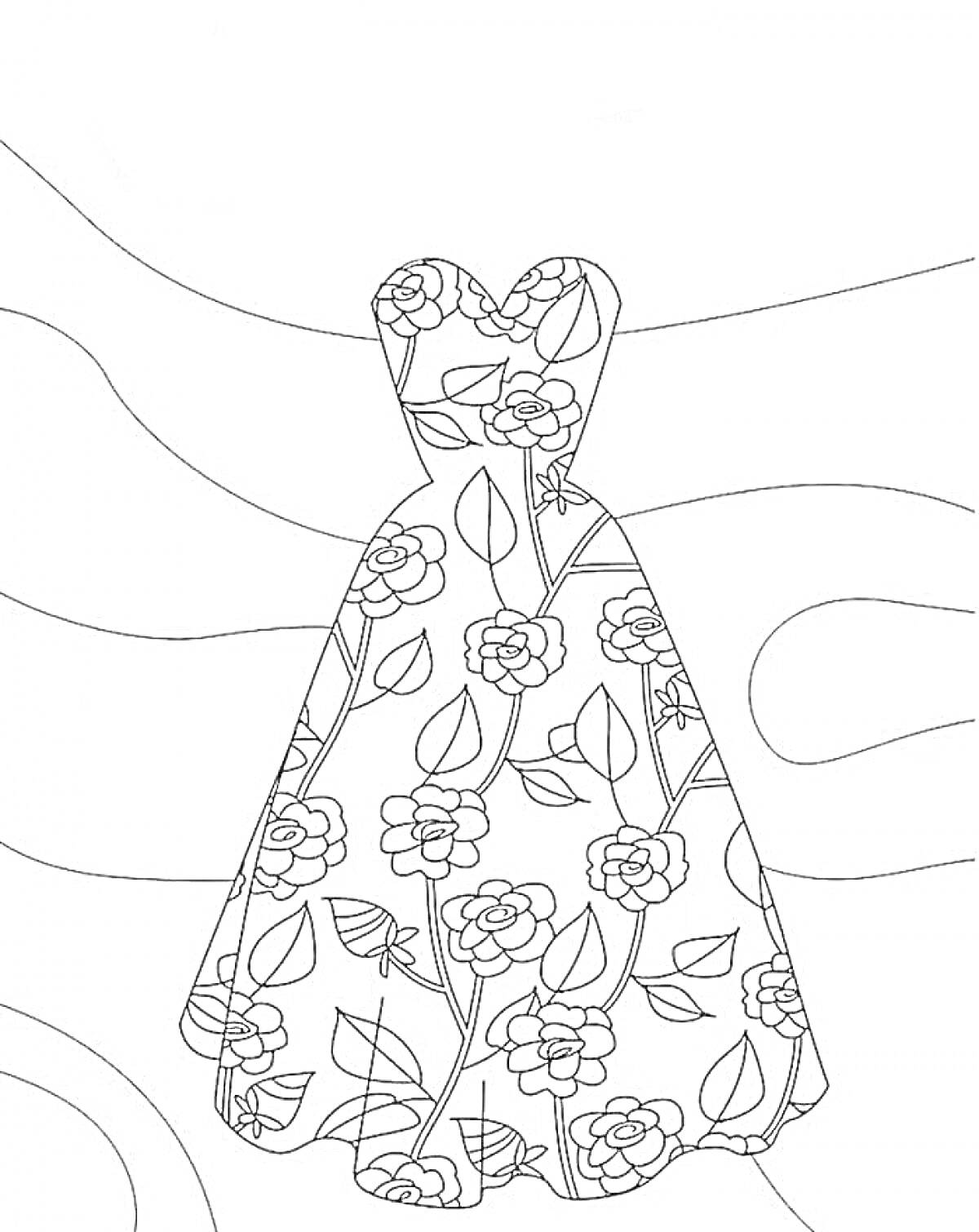 Раскраска Платье с цветочным узором на волнистом фоне