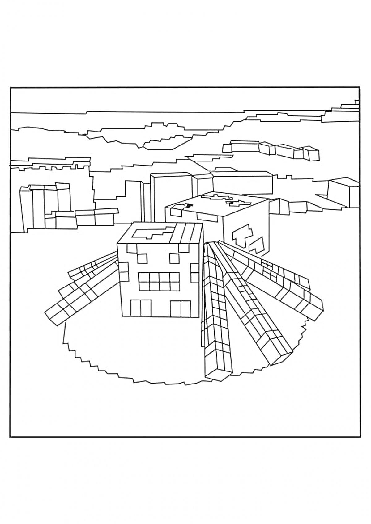 Раскраска Майнкрафт паук на фоне строений