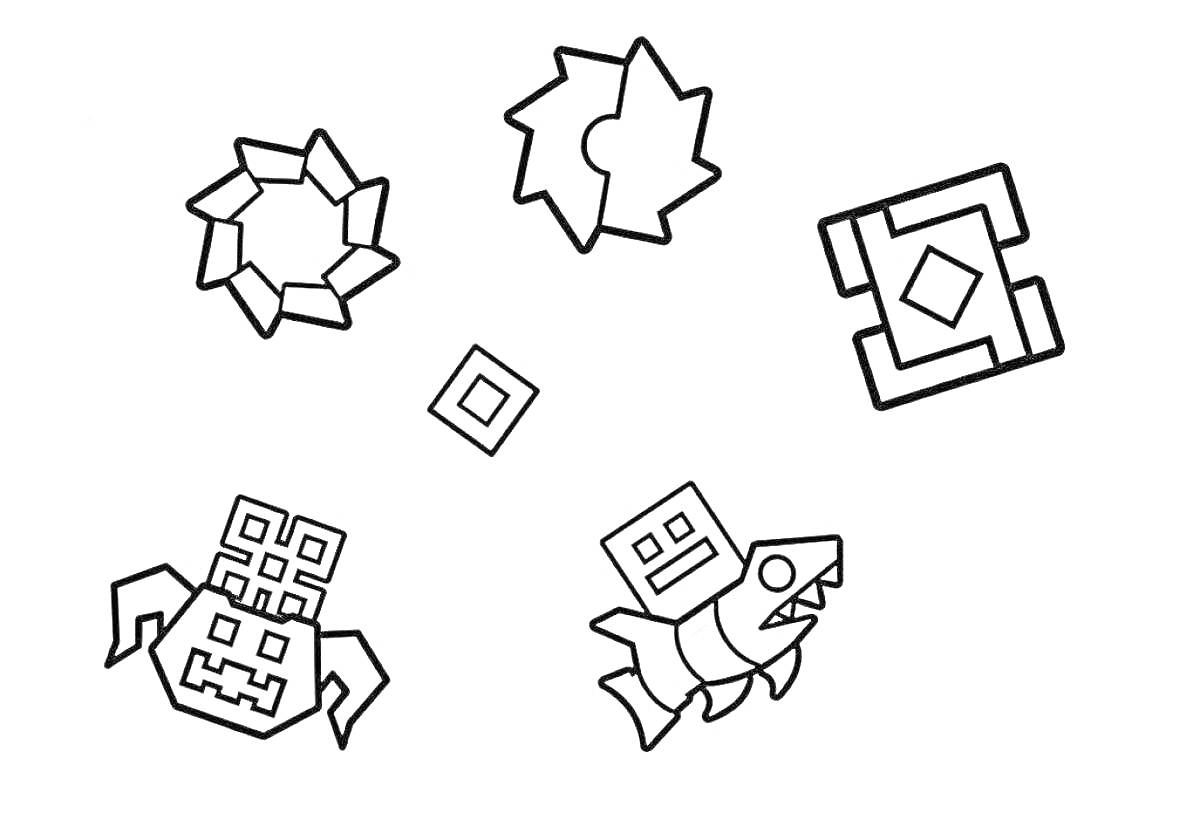 Раскраска Геометрия Даш - различные формы с элементами в виде квадрата, круга, звезды, квадрата с дополнительными линиями, паукообразного существа и рыбы