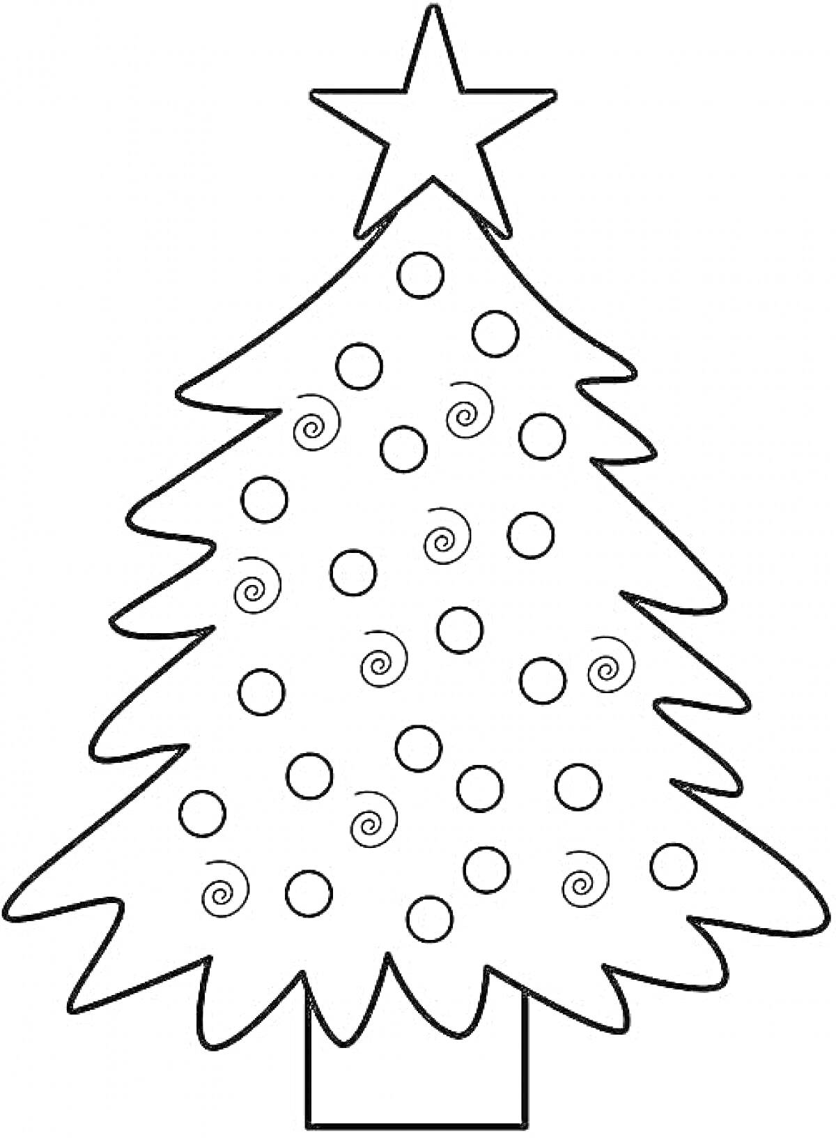 Раскраска рождественская елка со звездой наверху и узором из кружочков и спиралей