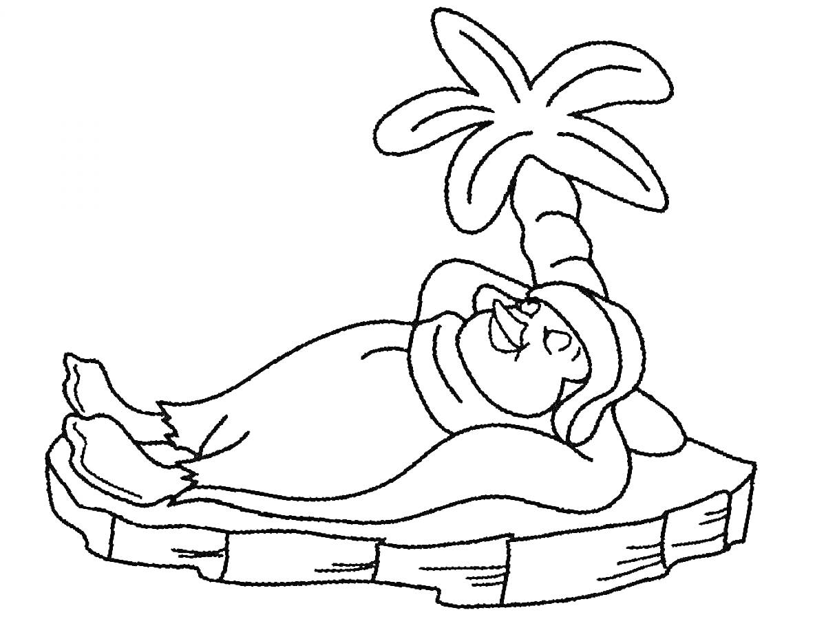 Раскраска Пингвин, лежащий на кусочке льдины под пальмой