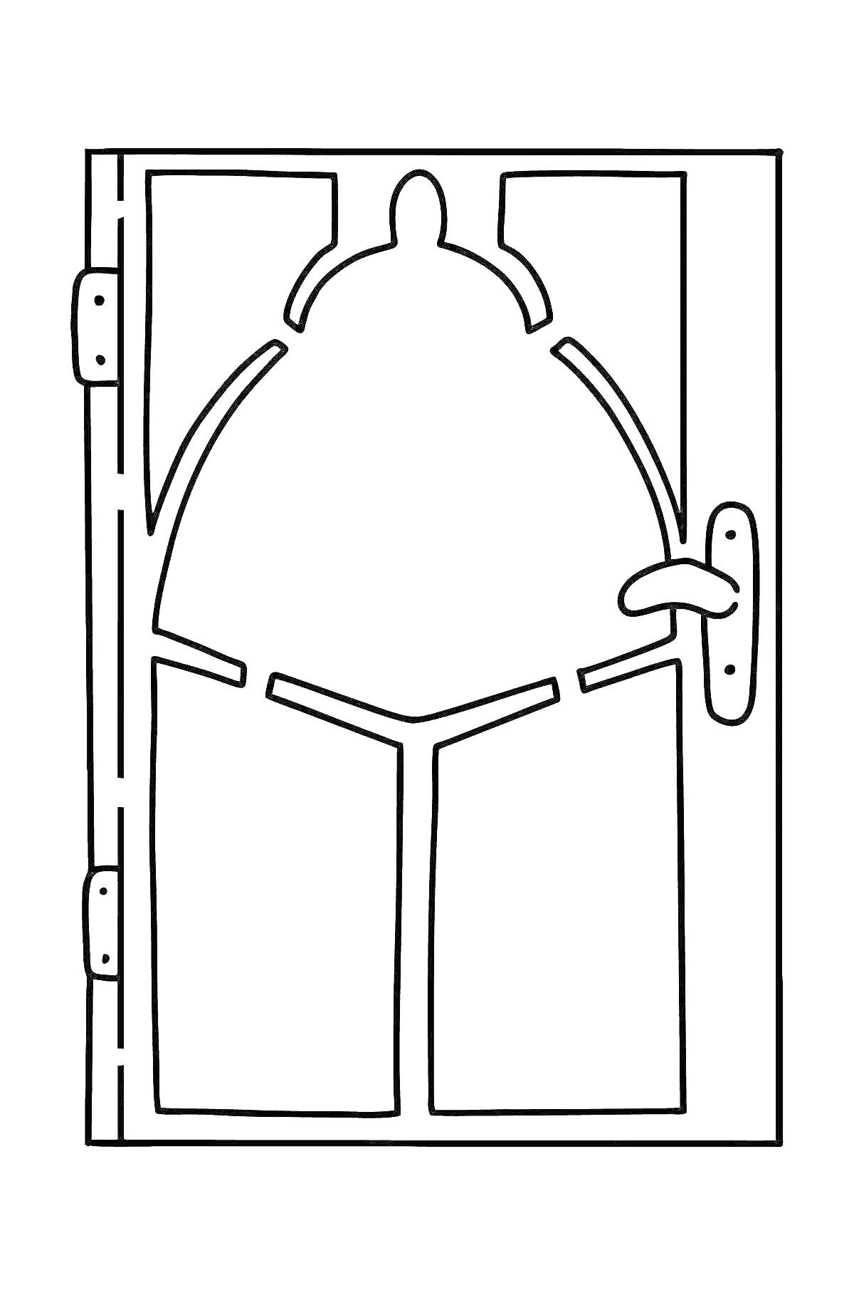 На раскраске изображено: Дверь, Каркас, Ручка, Петли, Контурные рисунки, Узоры