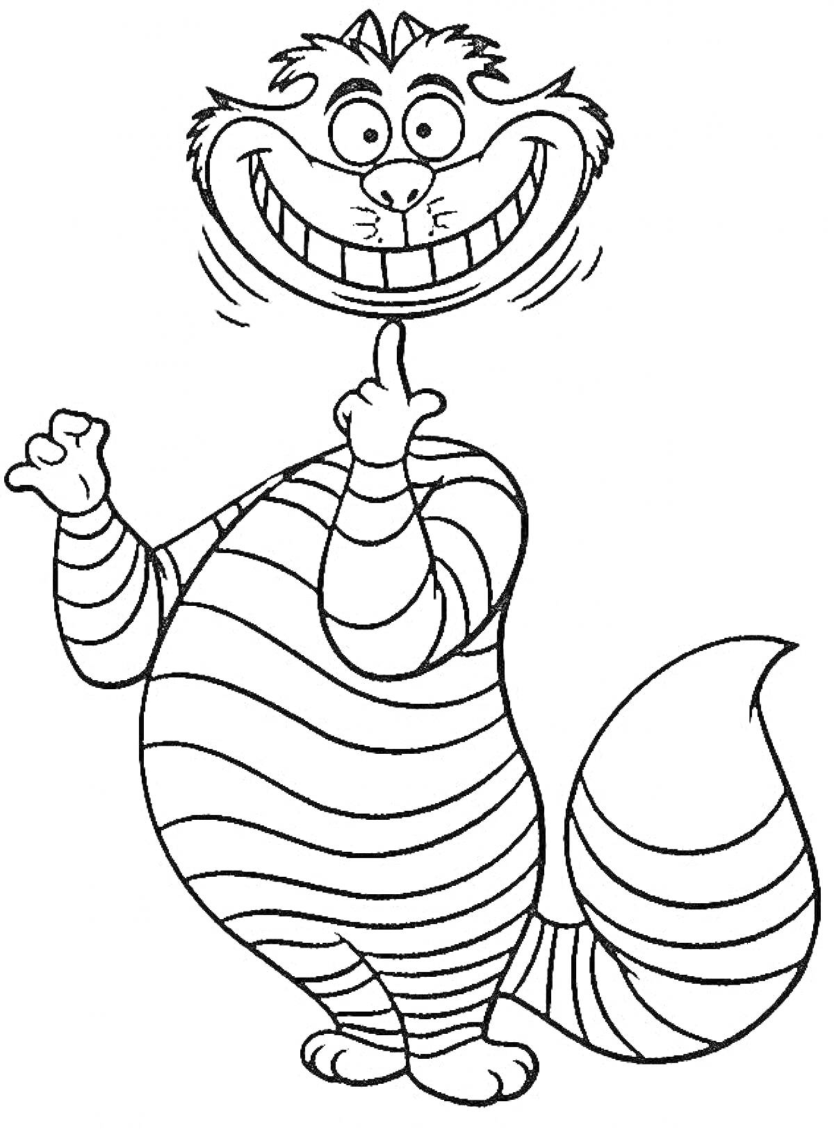 Раскраска Чеширский кот улыбается, стоя на задних лапах и показывая один палец вверх, полосатый хвост