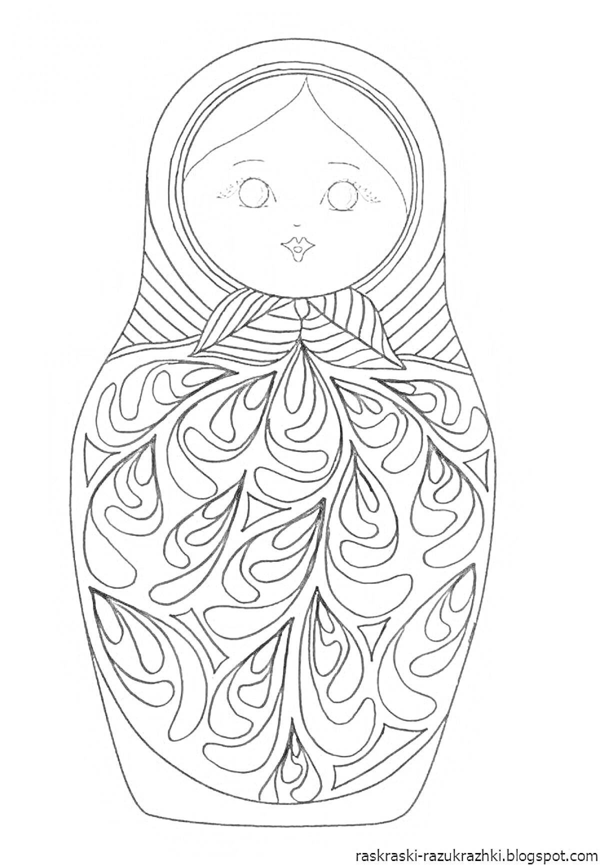 На раскраске изображено: Матрёшка, Традиционная кукла, Лента, Русская культура