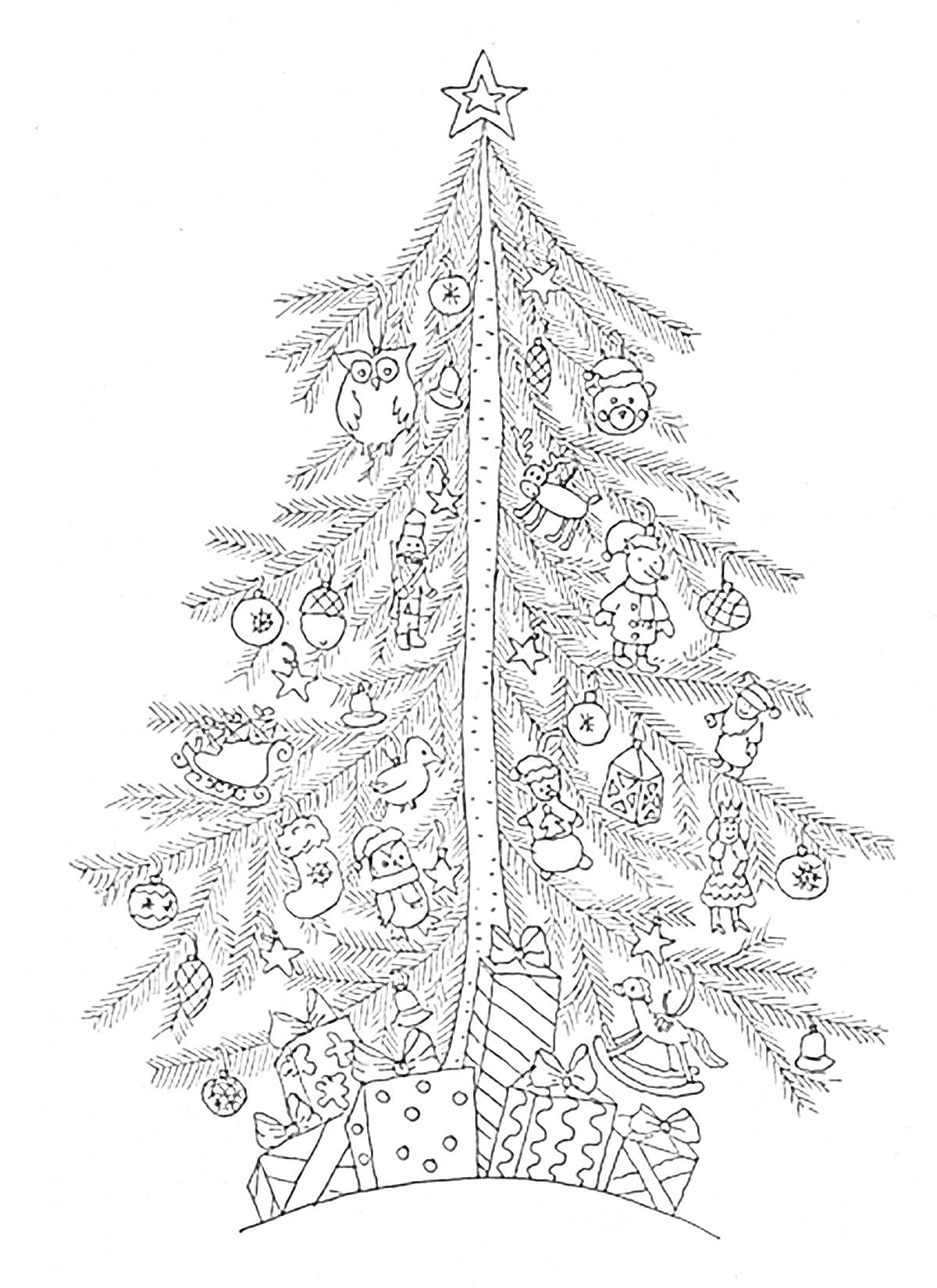 На раскраске изображено: Новогодняя елка, Украшения, Подарки, Игрушки, Сова, Леденцы, Подарочные коробки, Лошадка-качалка