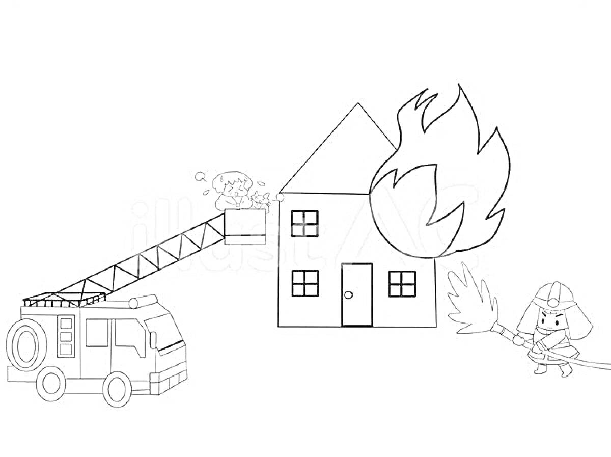 На раскраске изображено: Горящий дом, Пожар, Пожарная машина, Пожарная лестница, Огонь, Дым
