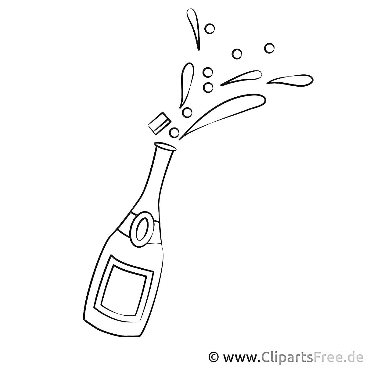 На раскраске изображено: Шампанское, Бутылка, Напиток, Пробка, Брызги, Пузыри