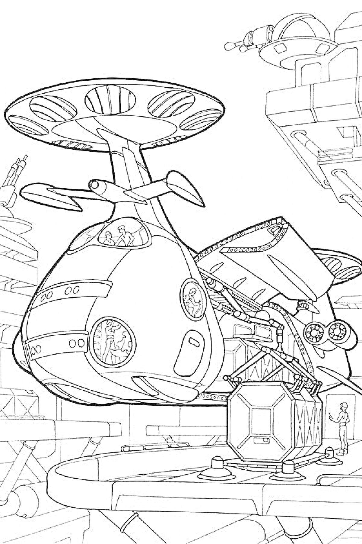 На раскраске изображено: Летающая машина, Будущее, Транспорт, Платформы, Фантастика