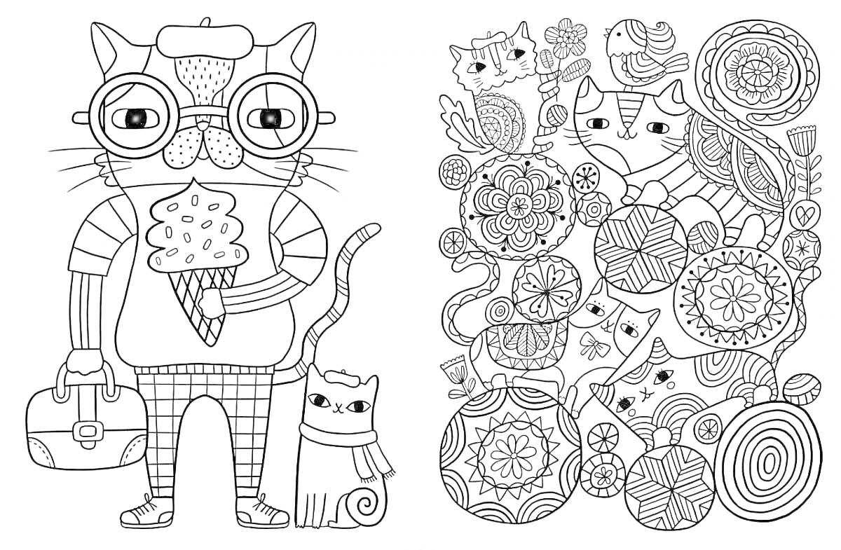 Раскраска Кот в очках с мороженым и коты среди цветов и клубков пряжи