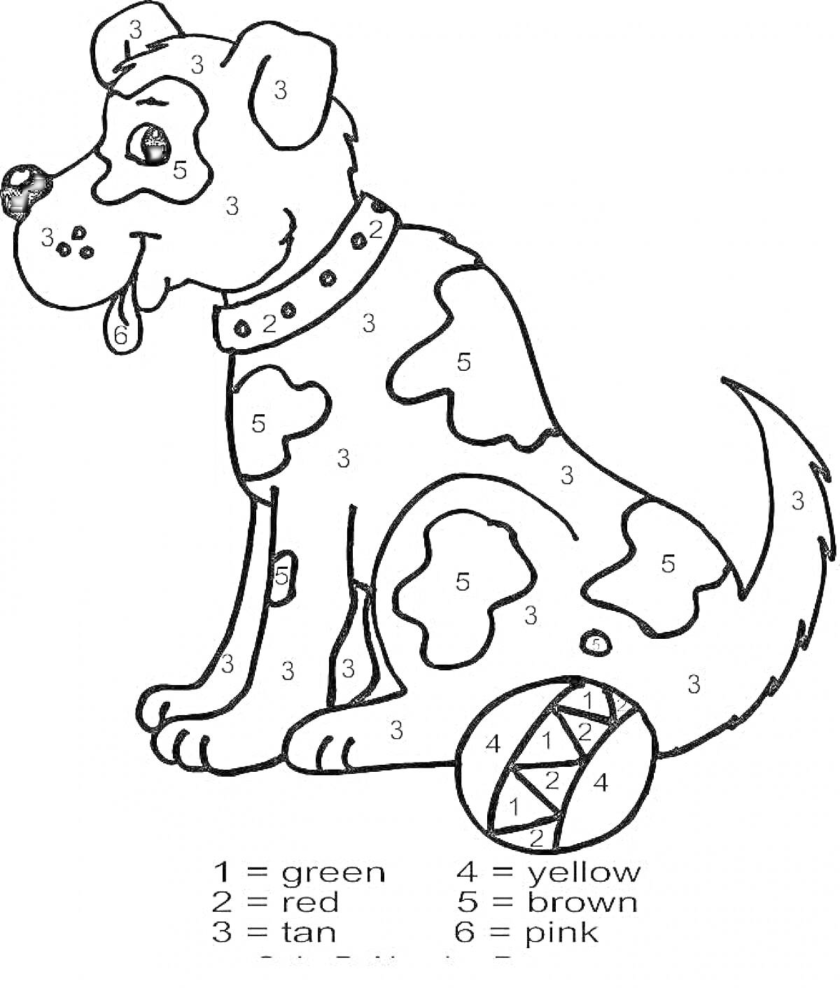 Раскраска Собака с местами для раскрашивания по номерам, сидящая рядом с мячом