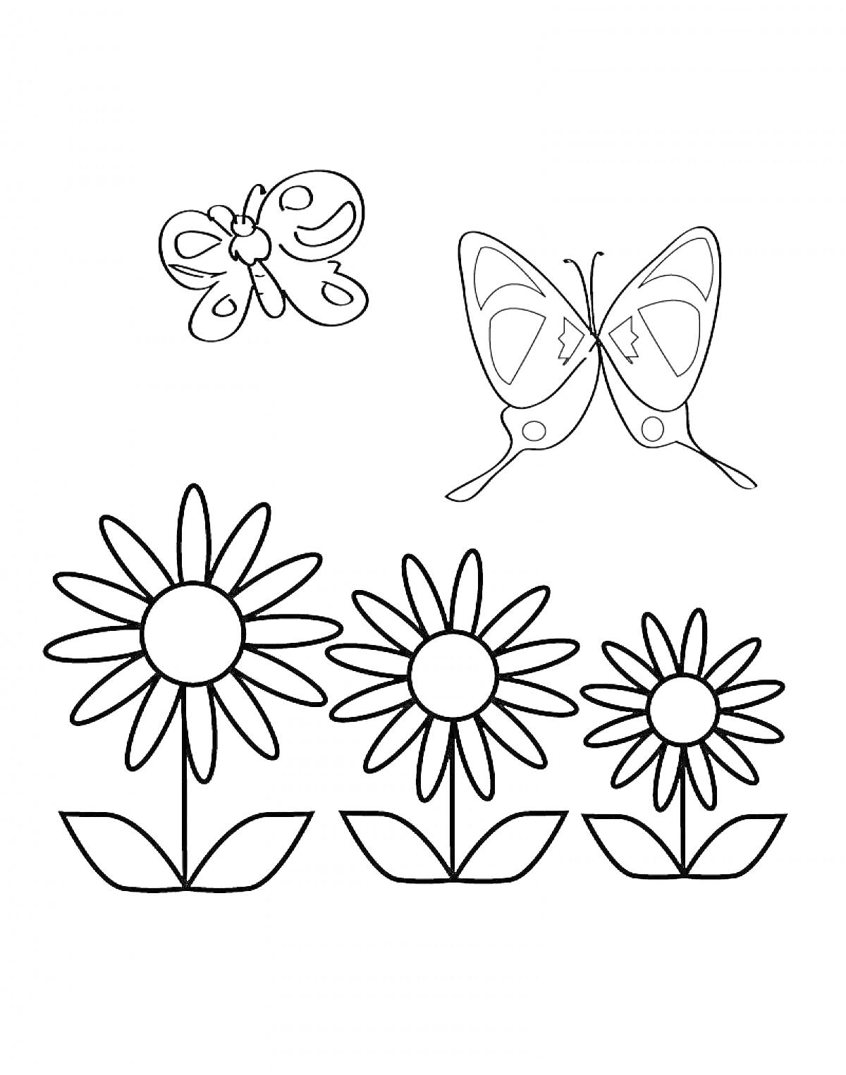 На раскраске изображено: Весна, Цветы, Природа, Для детей, Ромашка, Бабочка