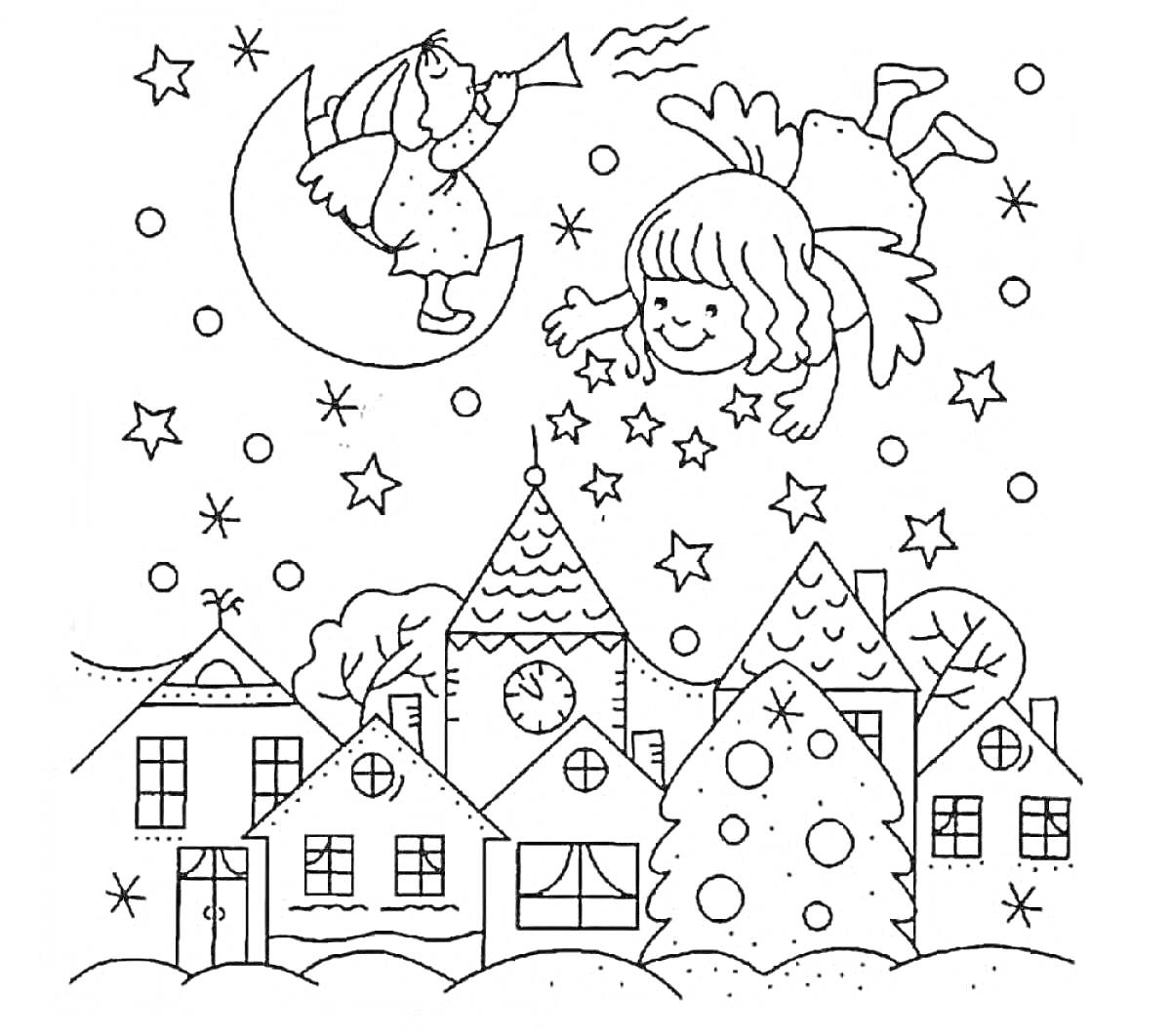 Раскраска Ангелы и дети на луне над рождественской деревней с елкой и звездами