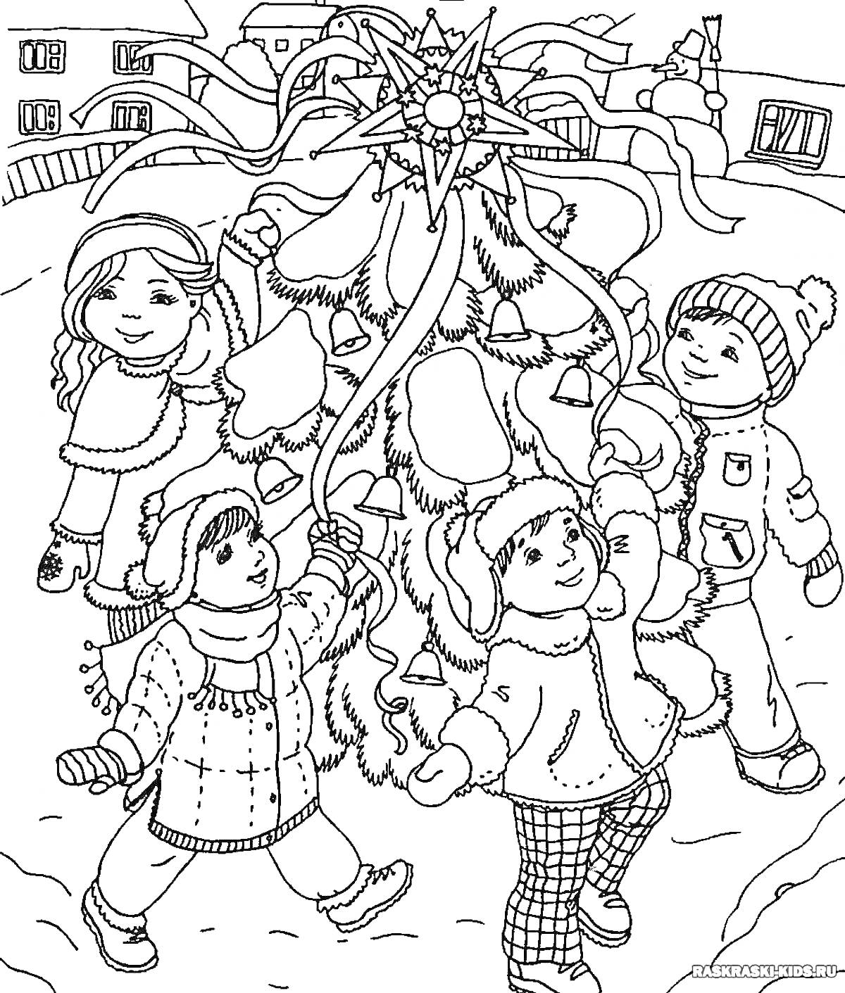 Раскраска Дети водят хоровод вокруг рождественской ёлки с вертепной звездой на фоне зимнего деревенского пейзажа