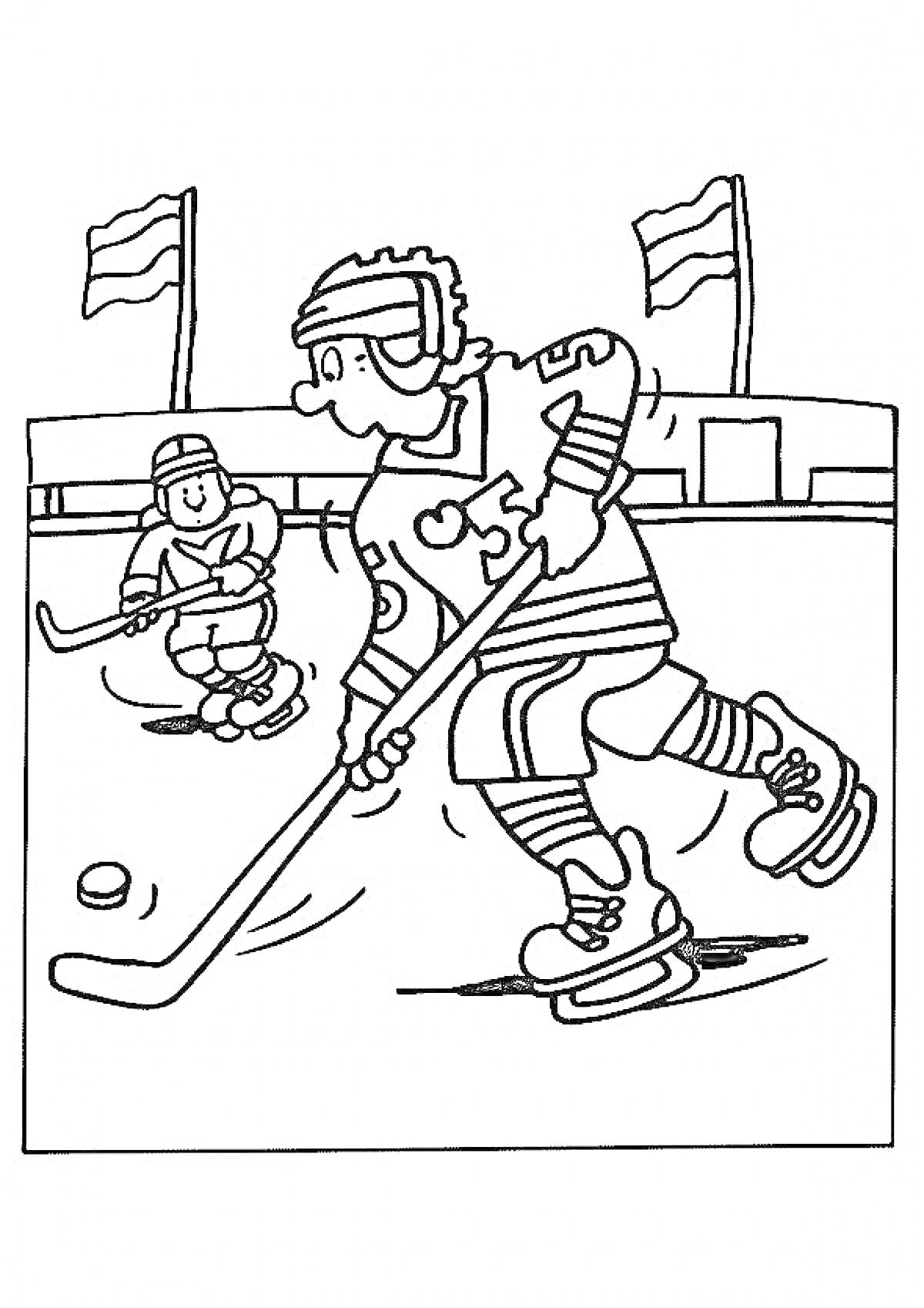 Раскраска Хоккей на льду для двоих играющих с клюшками и шайбой на фоне флагов