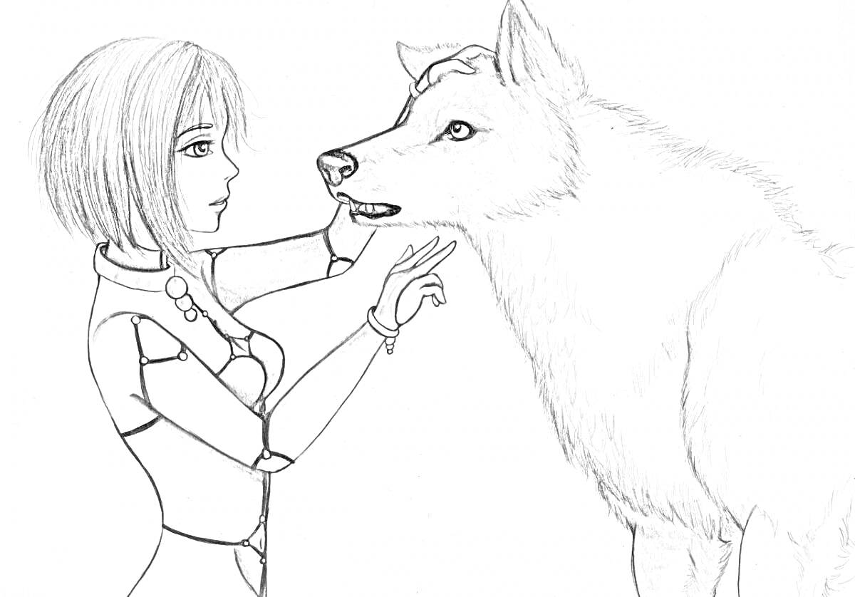 Раскраска Девочка в костюме с короткими волосами и волк, стоящий рядом