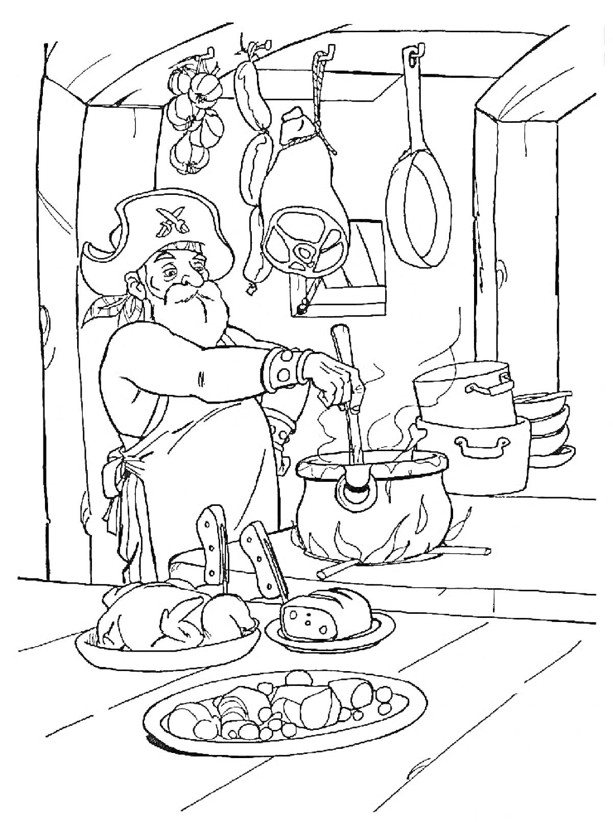 Раскраска Повар, готовящий еду на кухне с ножами, рыбой, овощами, кастрюлями и висящими кухонными принадлежностями