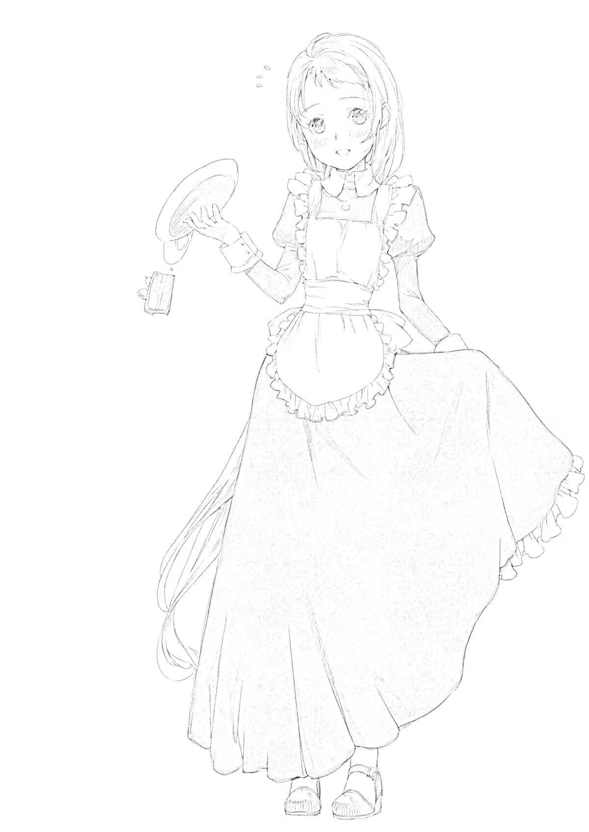 Раскраска Аниме горничная с подносом и чашкой, длинное платье, фартук, высокий воротник, короткие волосы, босоножки