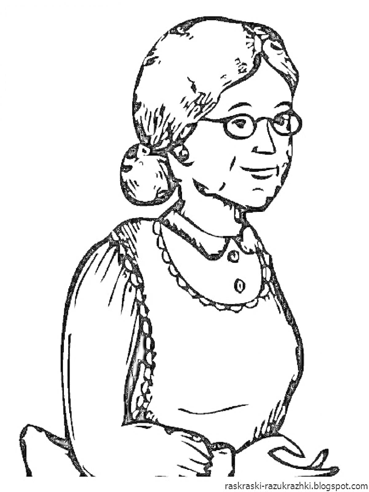 Раскраска Бабушка в очках с прической и фартуком