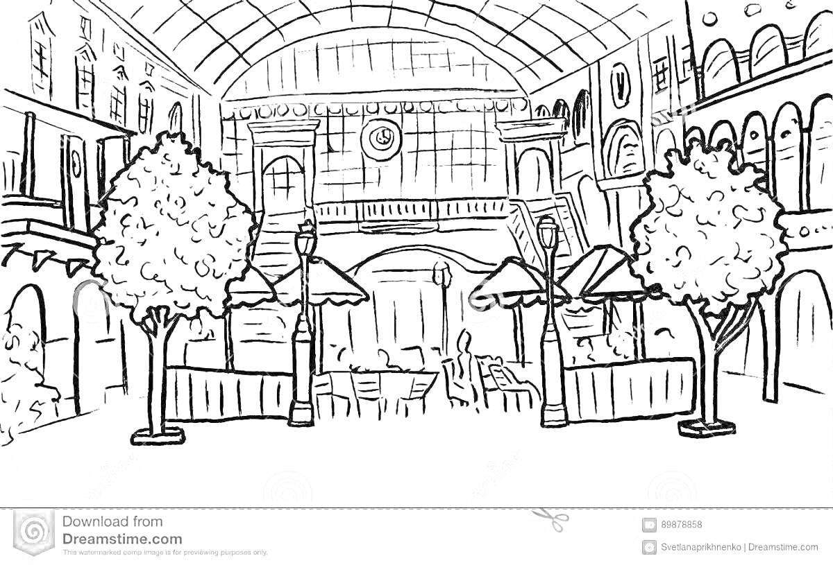 На раскраске изображено: Торговый центр, Окна, Деревья, Помещение