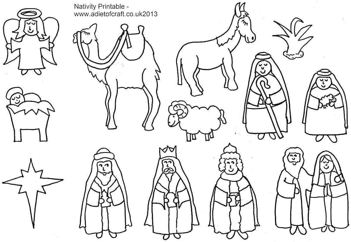 Раскраска Вереп для детей: ангел, младенец в яслях, верблюд, осёл, пастух, овечка, звезда, маги, родители младенца