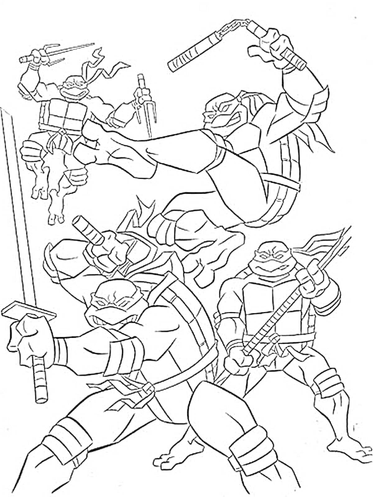 Раскраска Черепашки-ниндзя с мечами, шестом и нунчаками