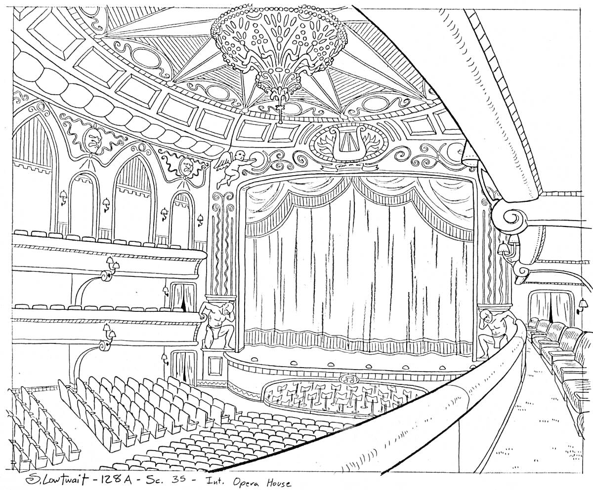 Раскраска Театр с люстрой, занавесом и зрительными местами