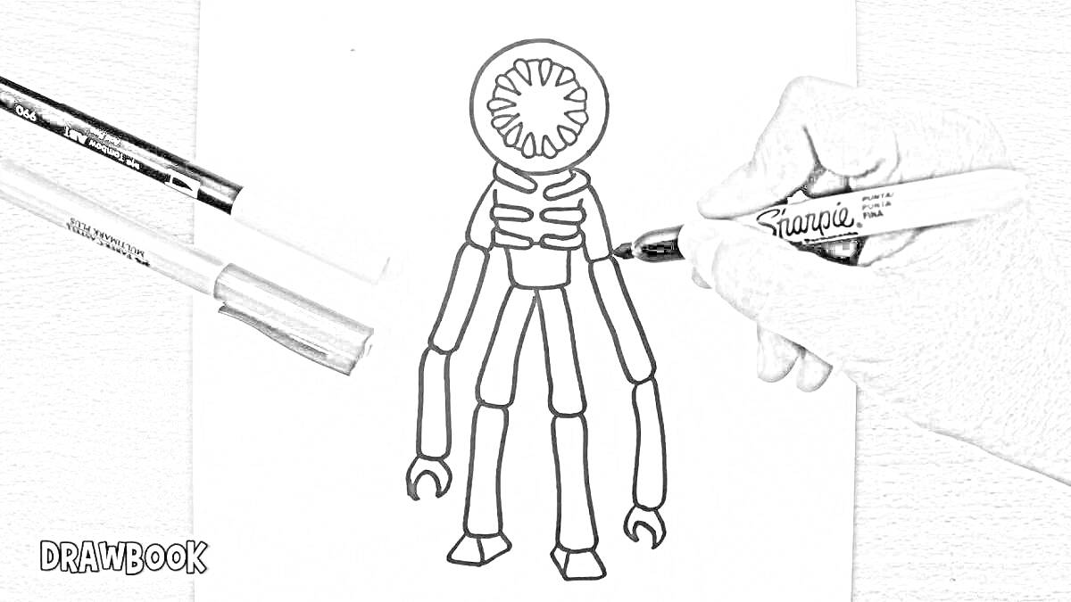 На раскраске изображено: Робот, Механические руки, Роблокс, Маркеры, Стол, Бумага