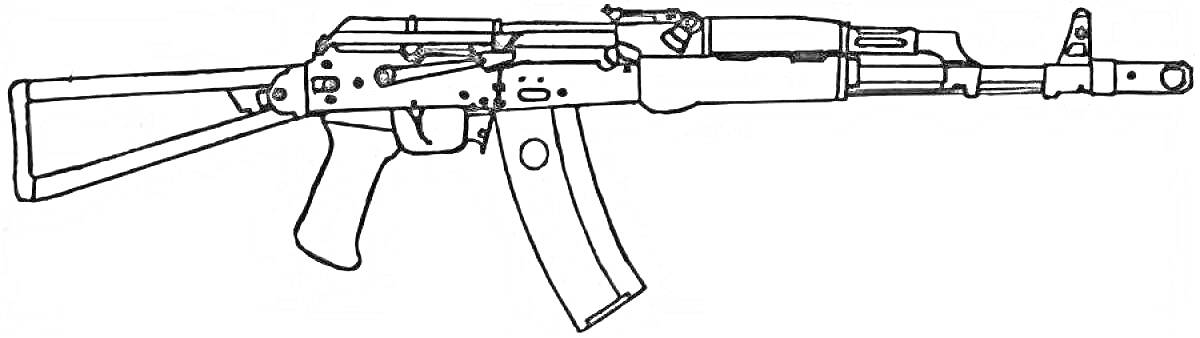 На раскраске изображено: АК-74, Автомат Калашникова, Оружие, Складной приклад, Магазин, Ствол, Спусковой крючок, Мушка