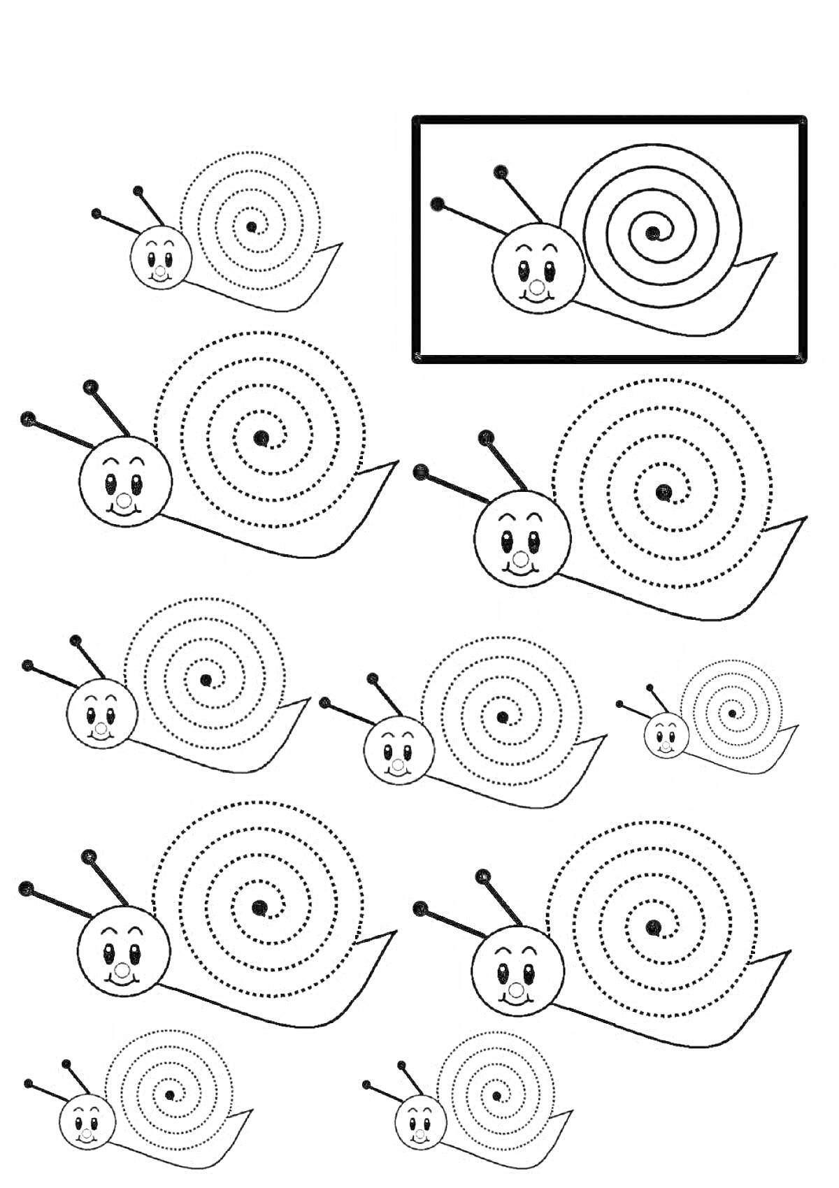 Раскраска Улитки с улыбками разного размера, одна в рамке