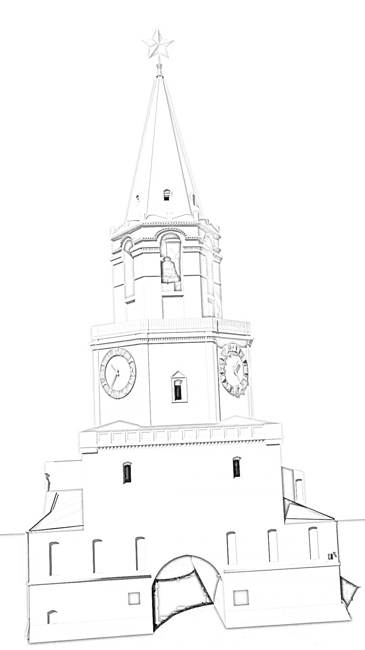 Раскраска Сююмбике Башня с башнями, звездами и арками на фото.