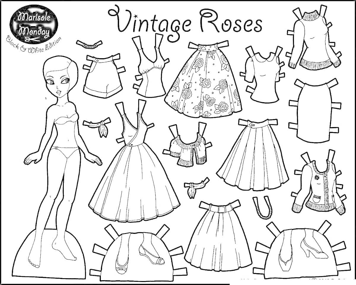 Раскраска Винтажные розы - бумажная кукла с нарядами (платья, юбки, топы, бюстгальтеры, обувь)