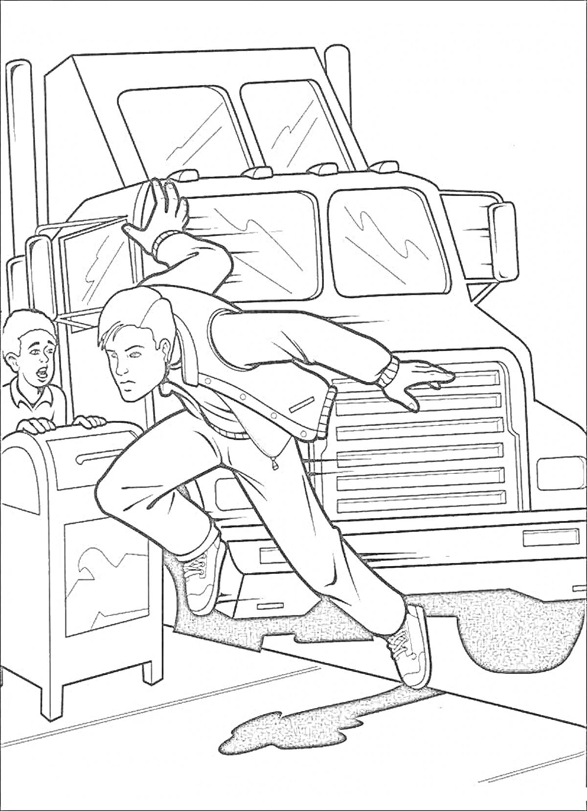Раскраска Питер Паркер прыгает мимо почтового ящика рядом с человеком на фоне грузовика