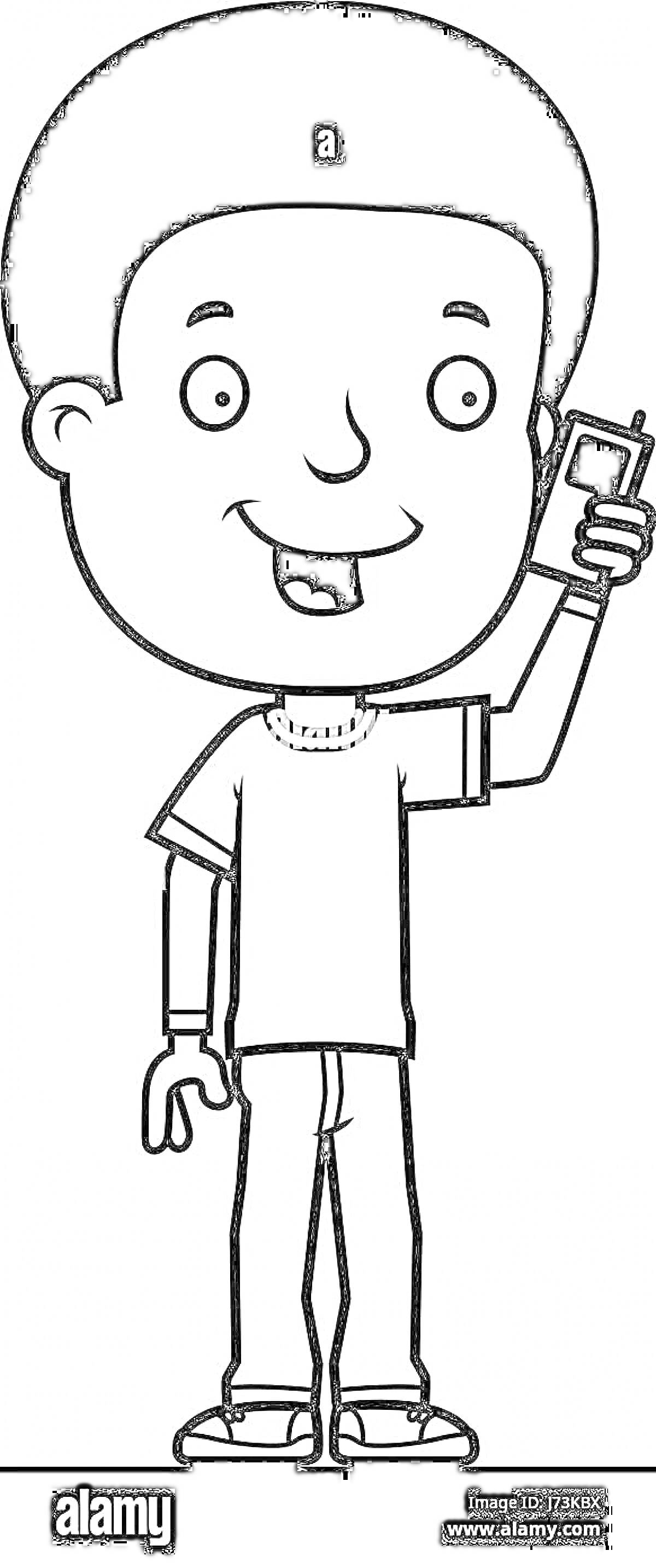На раскраске изображено: Мальчик, Телефон, Короткие волосы, Штаны, Обувь