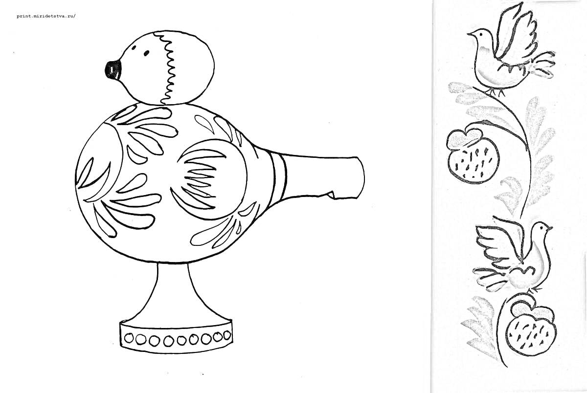 Городецкая игрушка в виде птицы с цветочным орнаментом и птицы на ветке с цветами