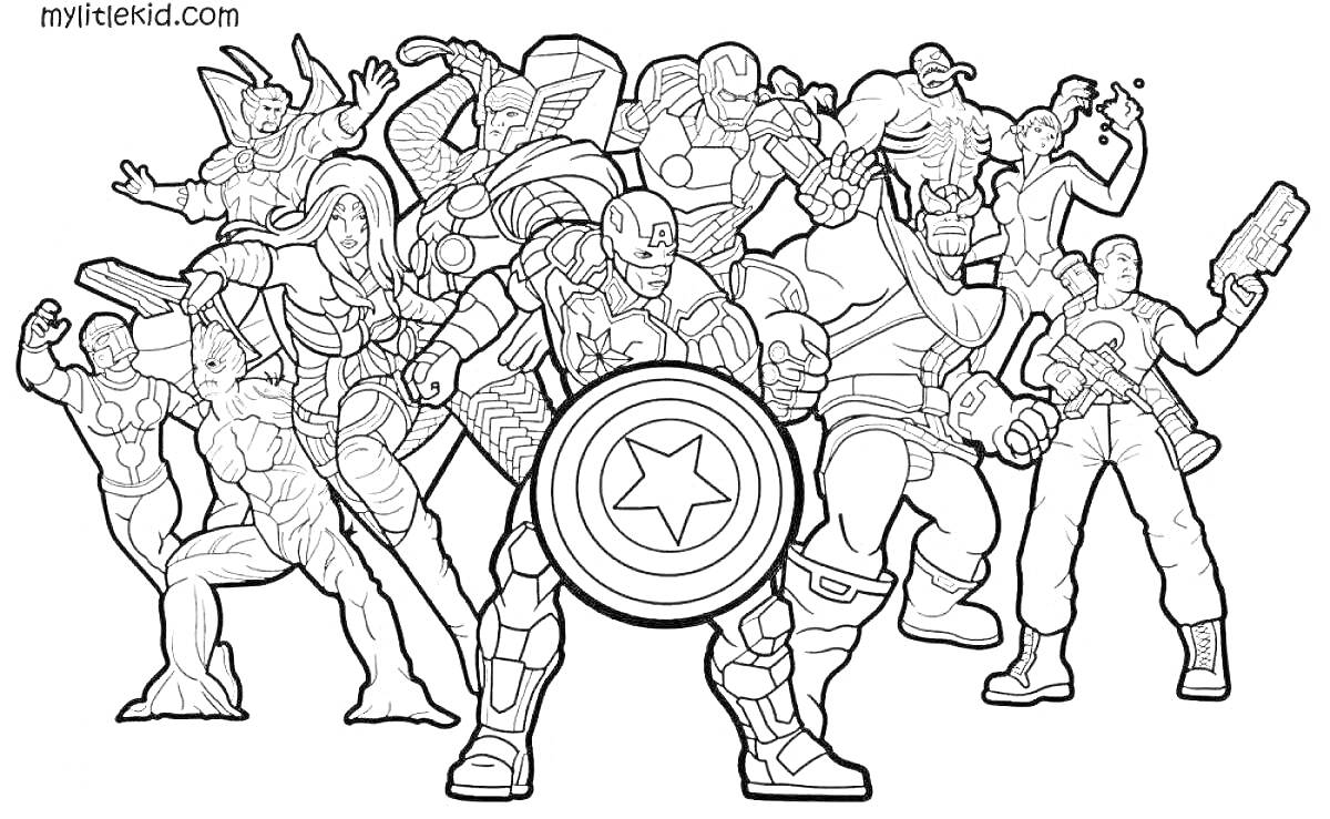 Раскраска Группа супергероев в боевой готовности, различные позы, образы, оружие и костюмы