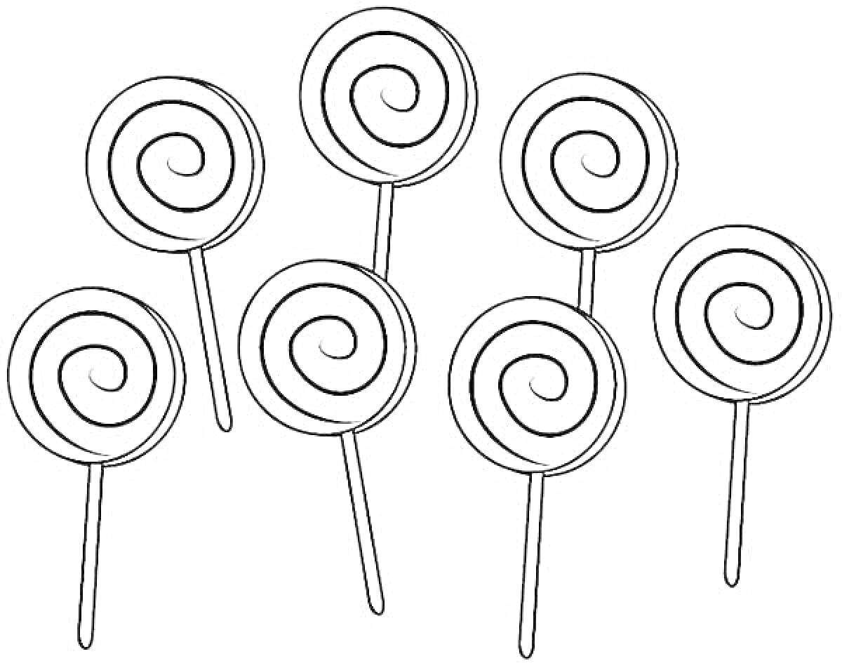 Раскраска Шесть леденцов на палочке с завитками