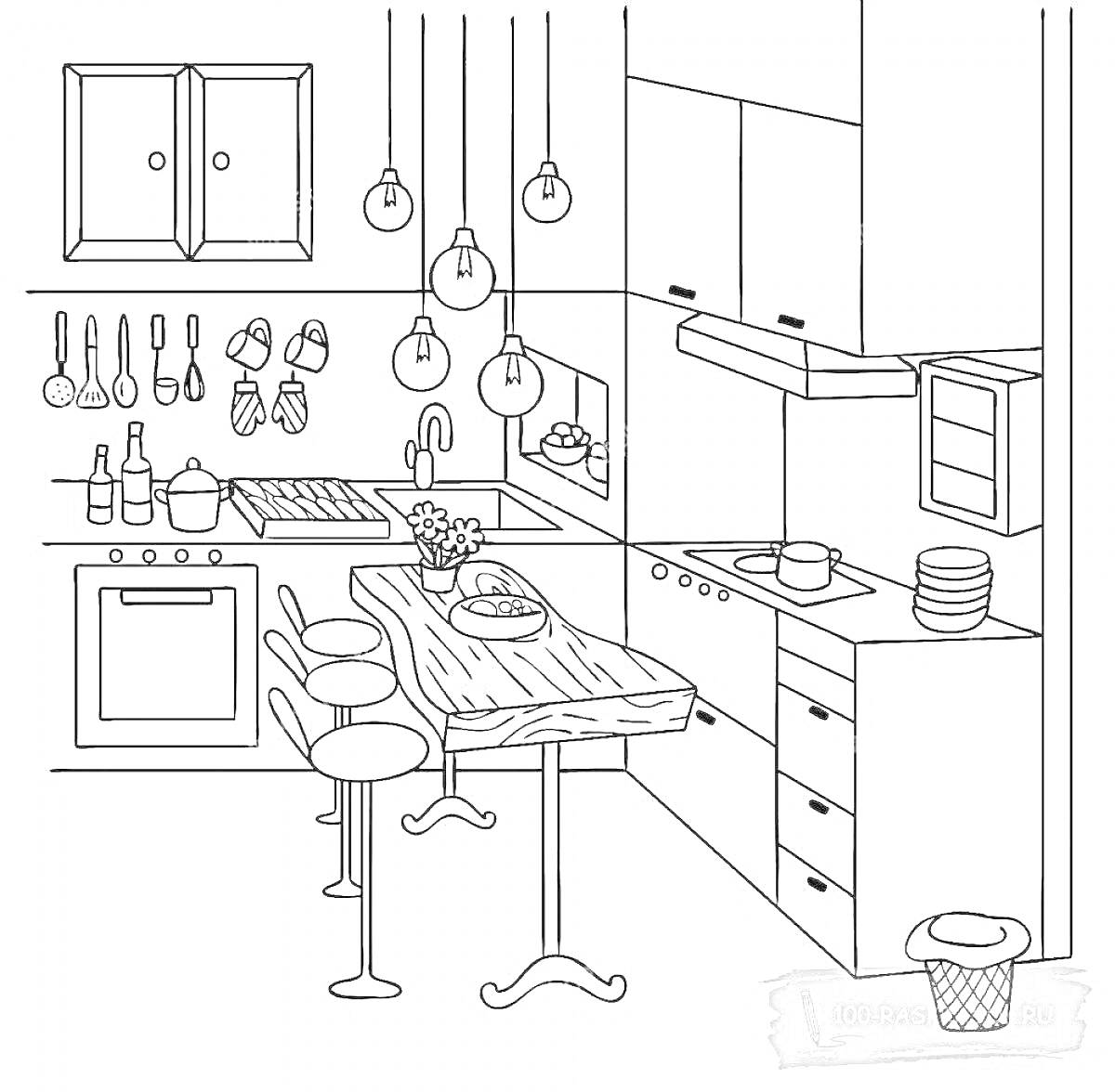 На раскраске изображено: Кухня, Стол, Посуда, Приборы, Полки, Цветы, Мойка, Плита, Вытяжка