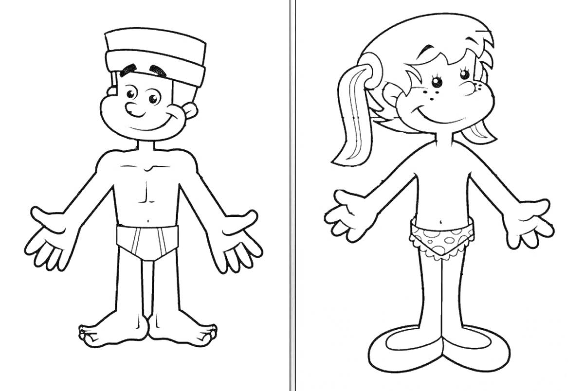 Раскраска Два мультяшных персонажа в нижнем белье (мальчик в пилотке и трусах, девочка в трусах с цветочным узором)