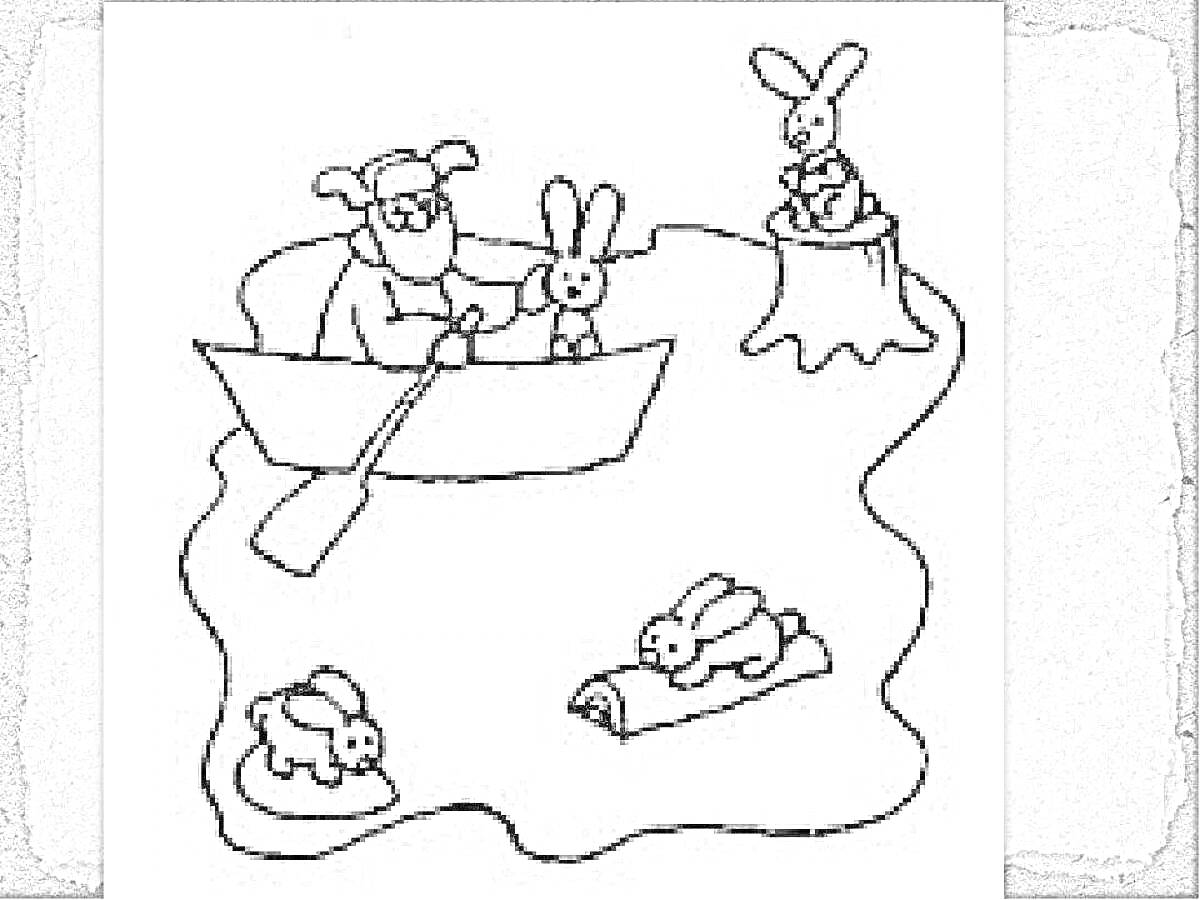 На раскраске изображено: Дед мазай, Зайцы, Лодка, Пень, Бревно, Вода