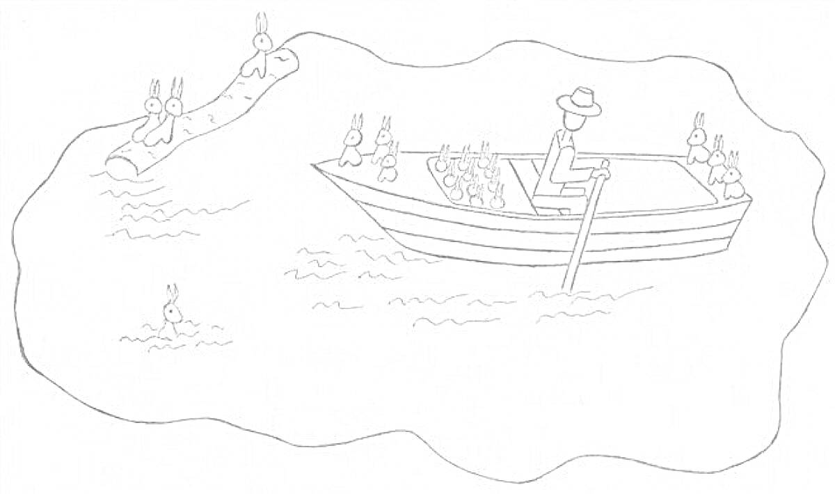 Раскраска Дед Мазай и зайцы в лодке на воде, несколько зайцев на бревне и один заяц плывет в воде
