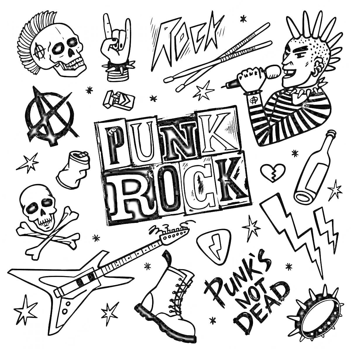 Раскраска панк череп, электрогитара, анархический символ, рука с жестом 