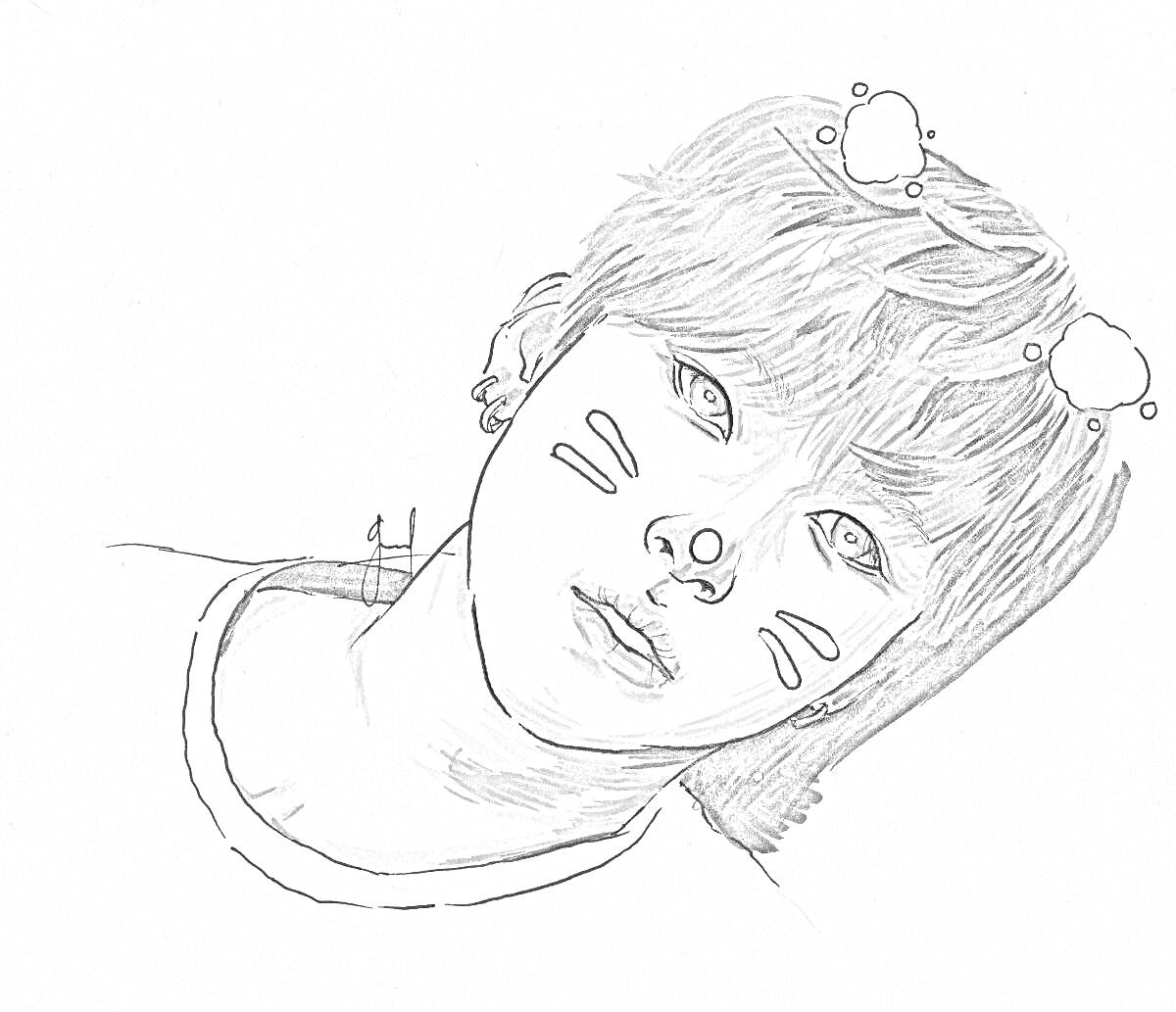 Раскраска Портрет молодого парня с ушками, ушами, сердечками и полосками на щеках