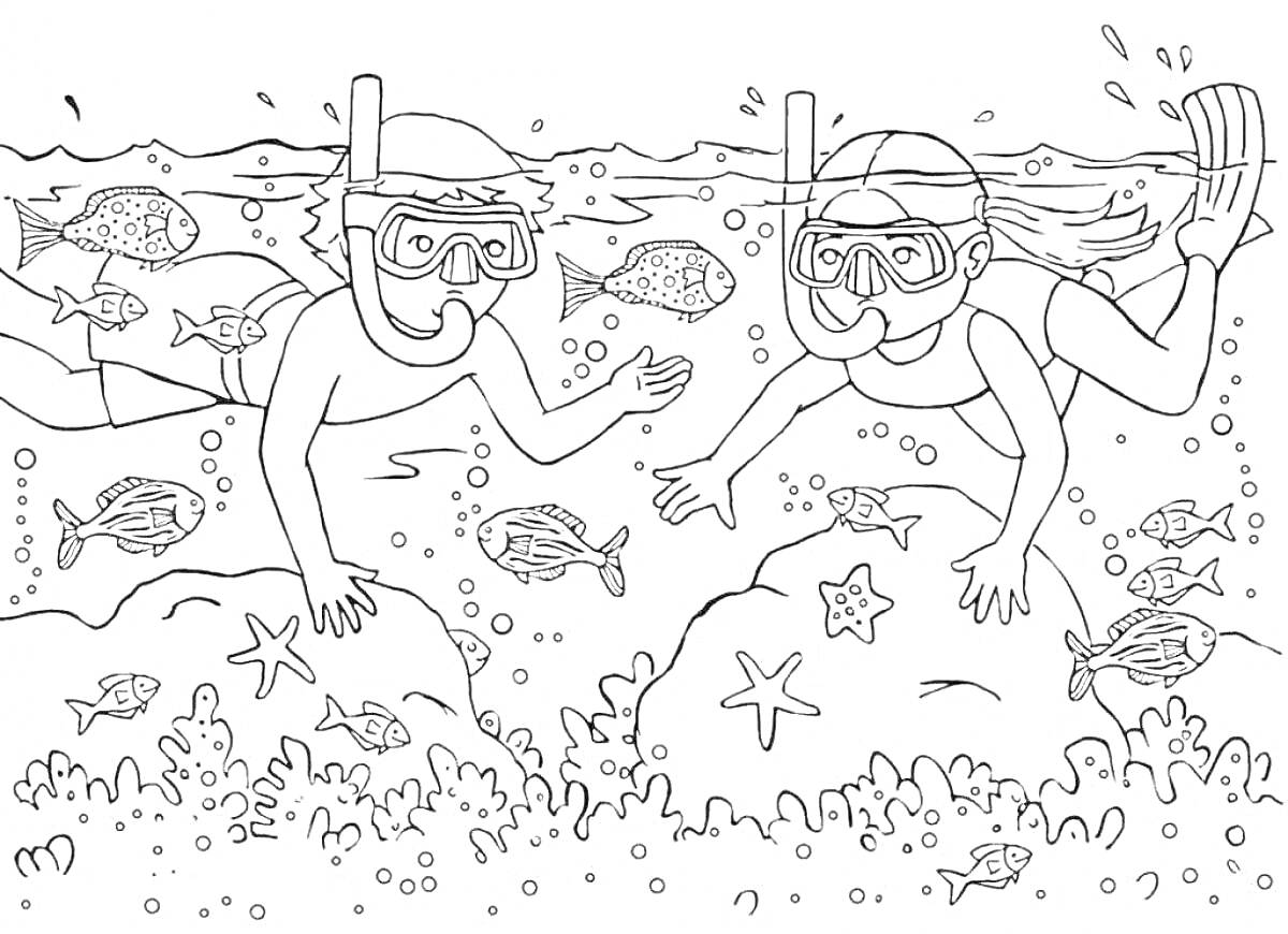 На раскраске изображено: Подводное плавание, Лето, Море, Кораллы, Водоросли, Ласты, Камни, Подводный мир, Отдых