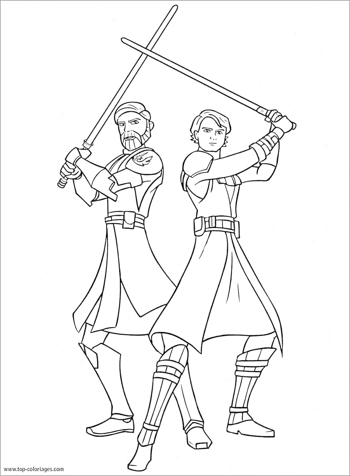 На раскраске изображено: Джедай, Световой меч, Звездные войны, Два персонажа, Оружие, Боевые стойки