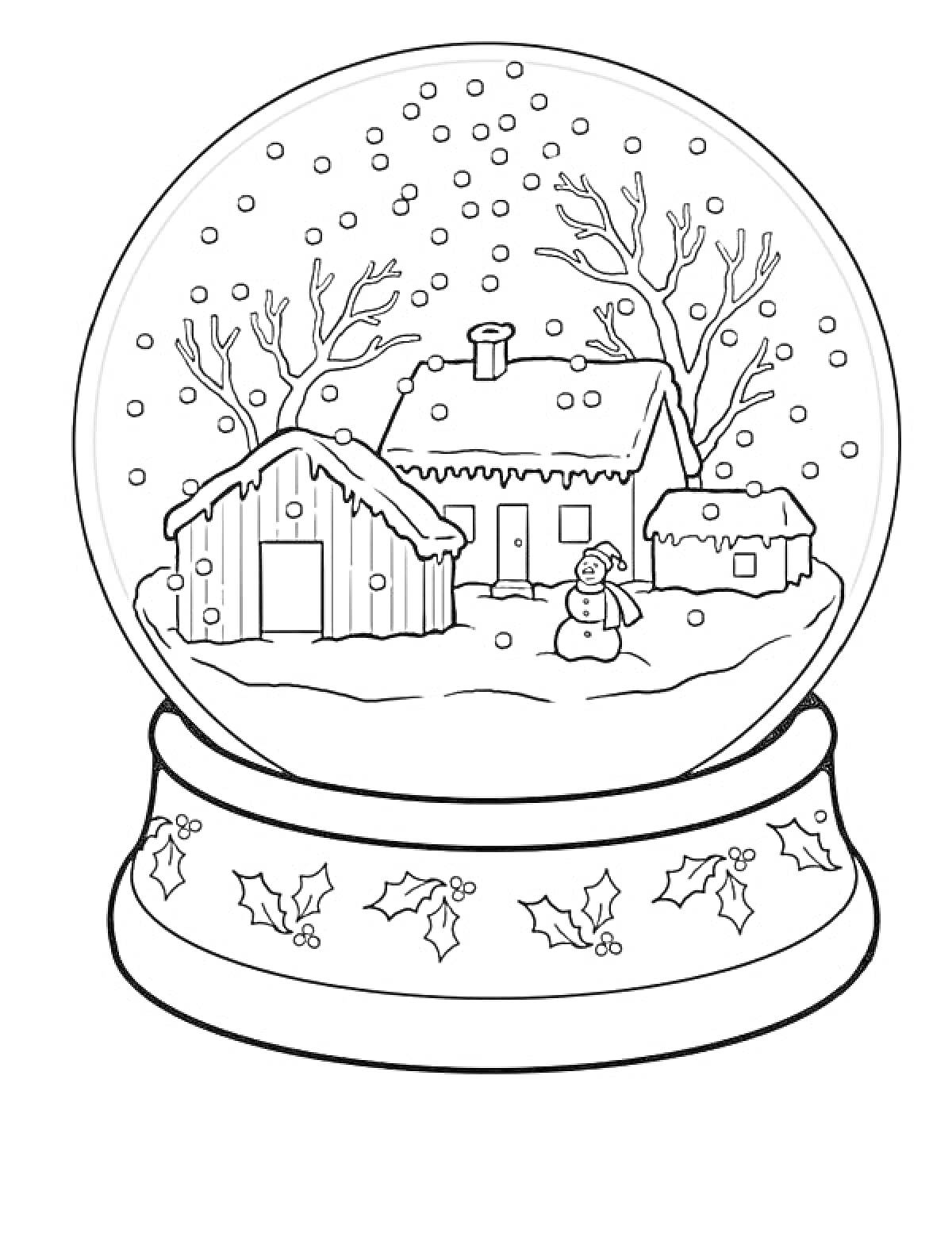 Раскраска Снежный шар с зимним пейзажем, включающим домик, сарай, небольшой домик и снеговик, вокруг падает снег, деревья без листьев