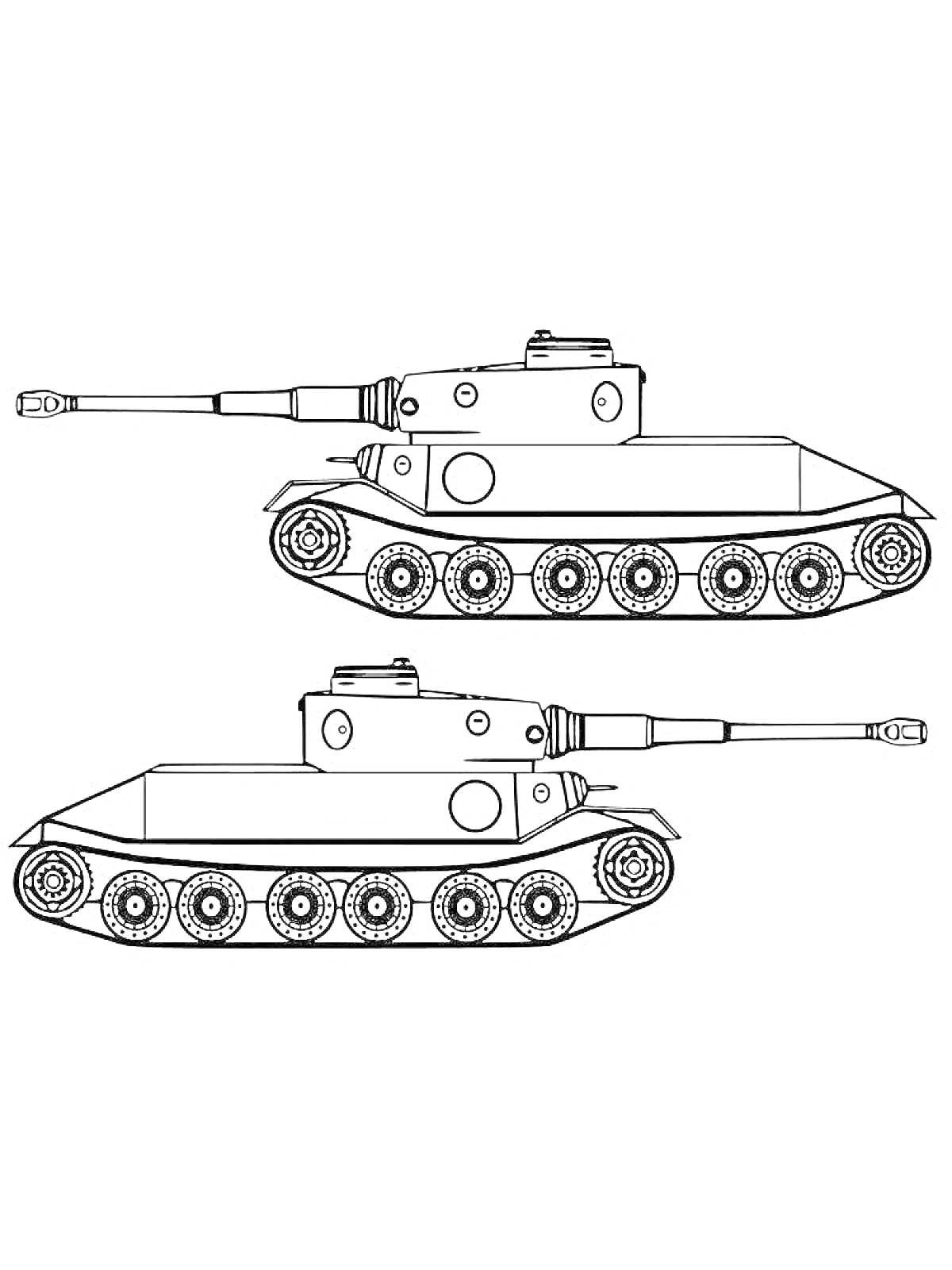 Раскраска Два танка Тигр в профиль с пушками и гусеницами, по одному танку в верхней и нижней части изображения