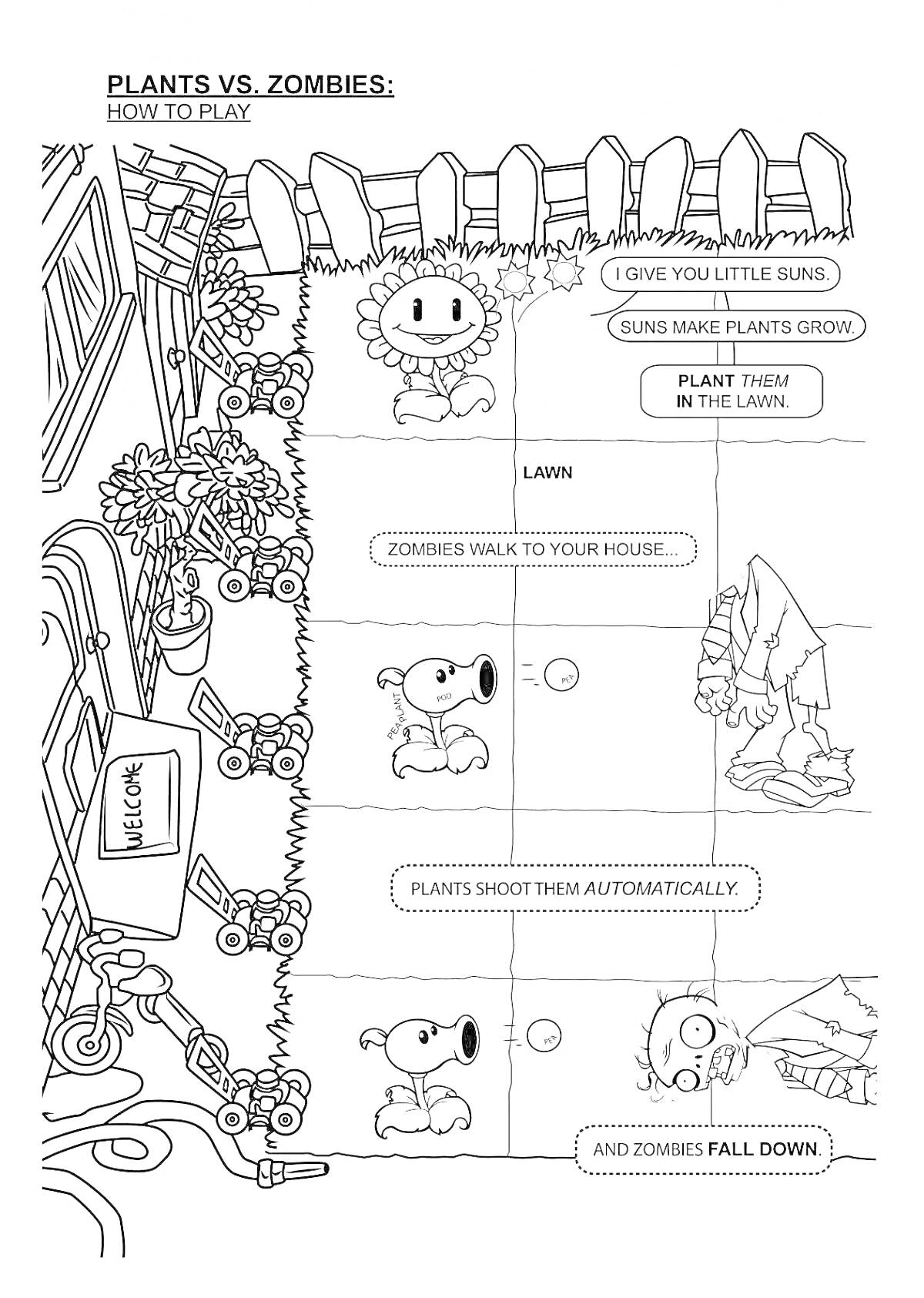 Раскраска Растения против зомби на поле, стрелки, растения, зомби, забор, дом, снеговик, школа для зомби
